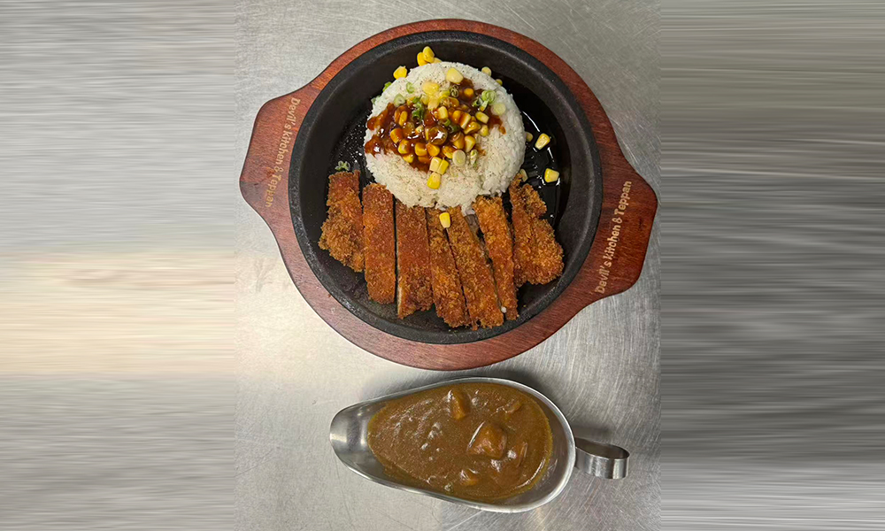 Chicken cutlet with rice and curry sauce, a flavorful teppan dish at Devils Kitchen & Teppan, a Asian Restaurant in Eastvale