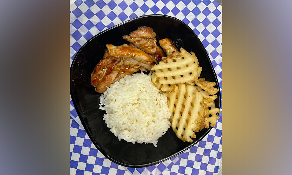 Grilled chicken with rice and waffle fries, a kid-friendly meal at Devils Kitchen & Teppan, a Asian Restaurant in Eastvale