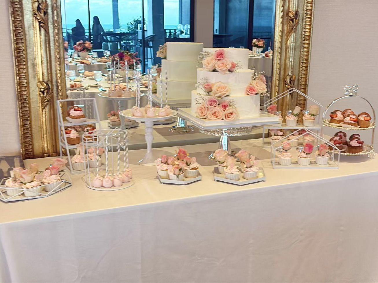 D-For-Dessert-Coffee&Cake-Shop-Rose-Themed-Dessert-Table-Hollywood Elegant rose-themed dessert spread with cake, cupcakes & cake pops at D For Dessert, a Coffee & Cake Shop in Hollywood