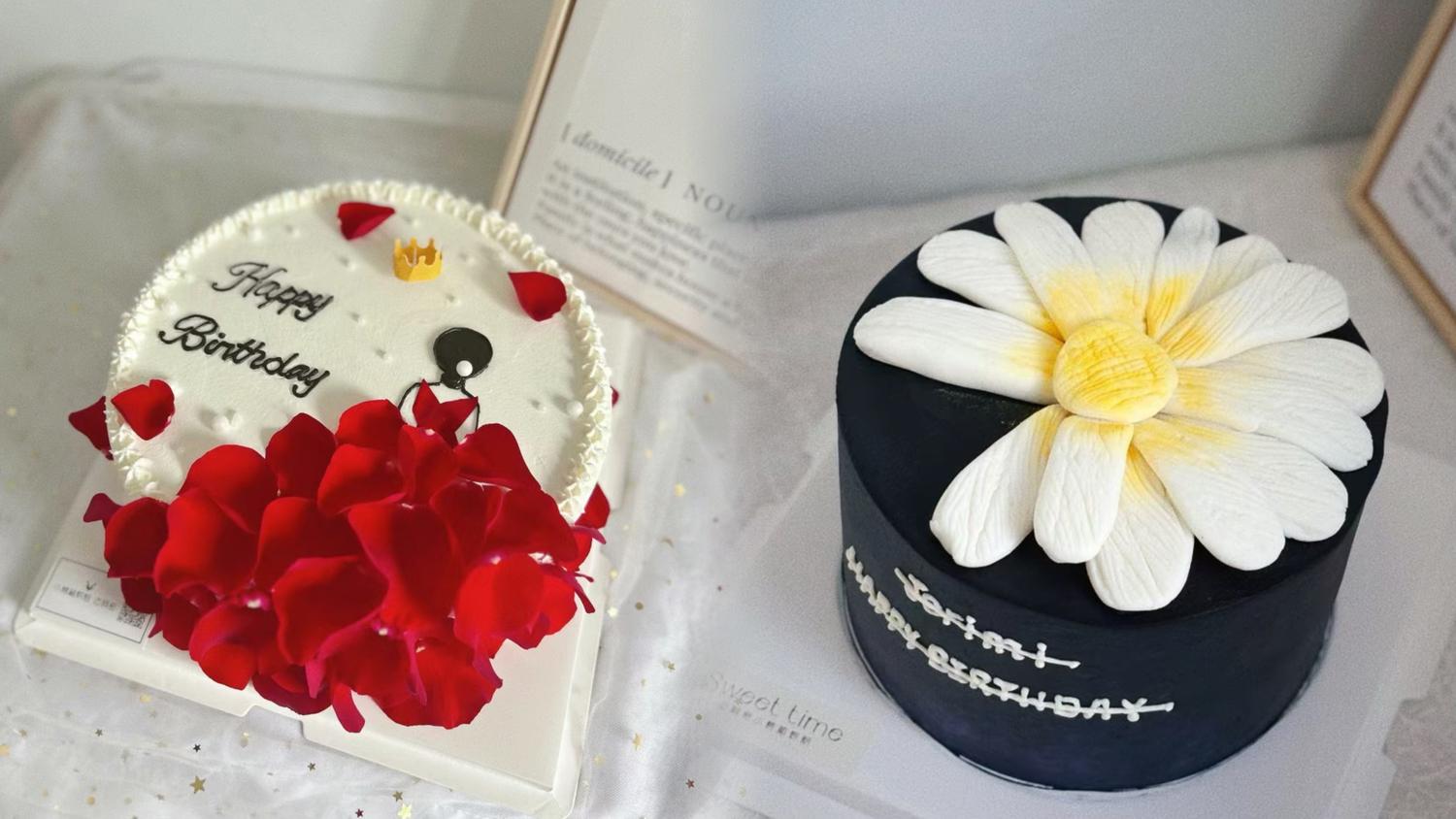 Elegant birthday cakes (rose & daisy) with decorative details at D For Dessert, a Coffee & Cake Shop in Hollywood