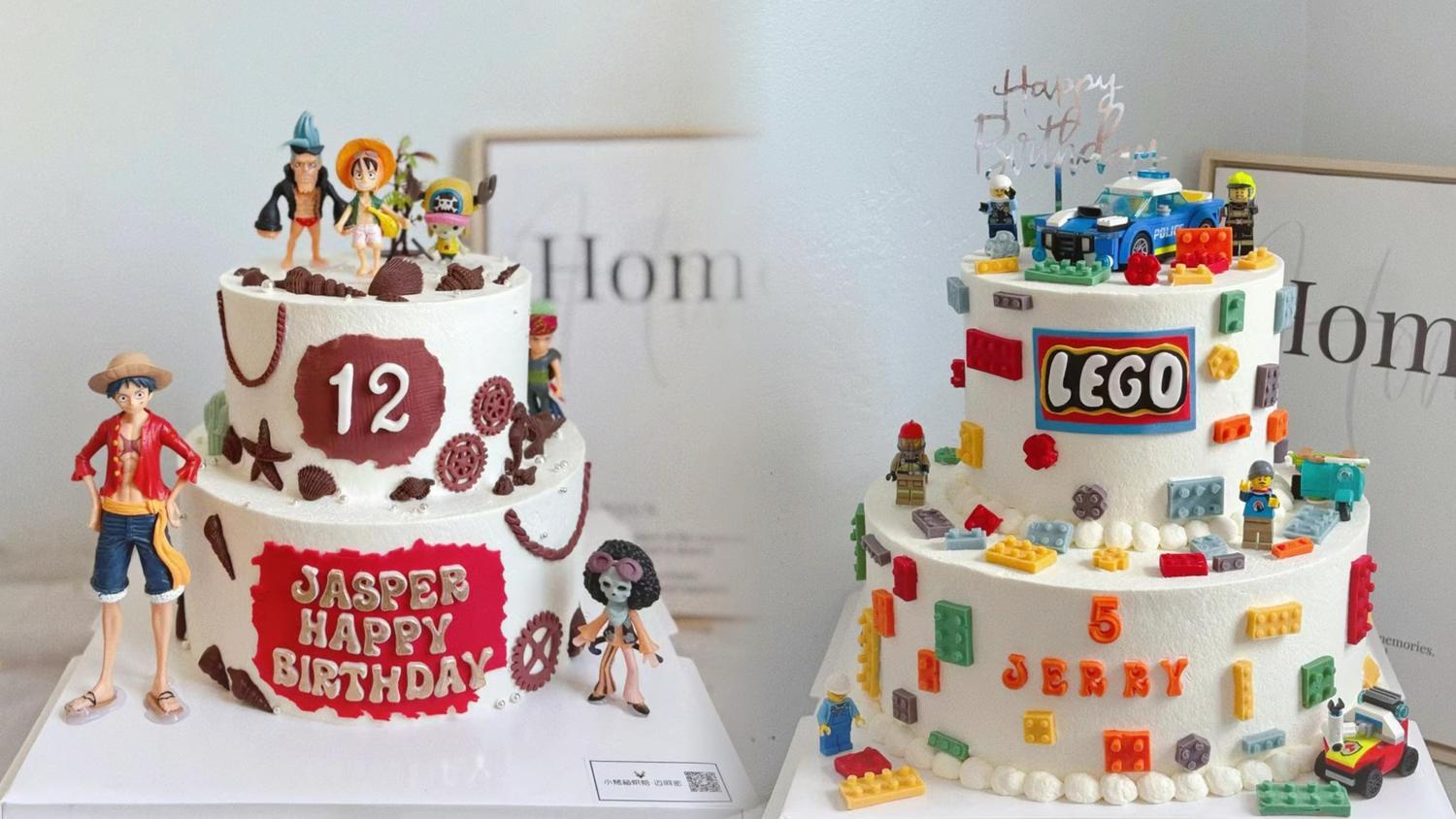 Themed birthday cakes (One Piece & LEGO) with character toppers at D For Dessert, a Coffee & Cake Shop in Hollywood