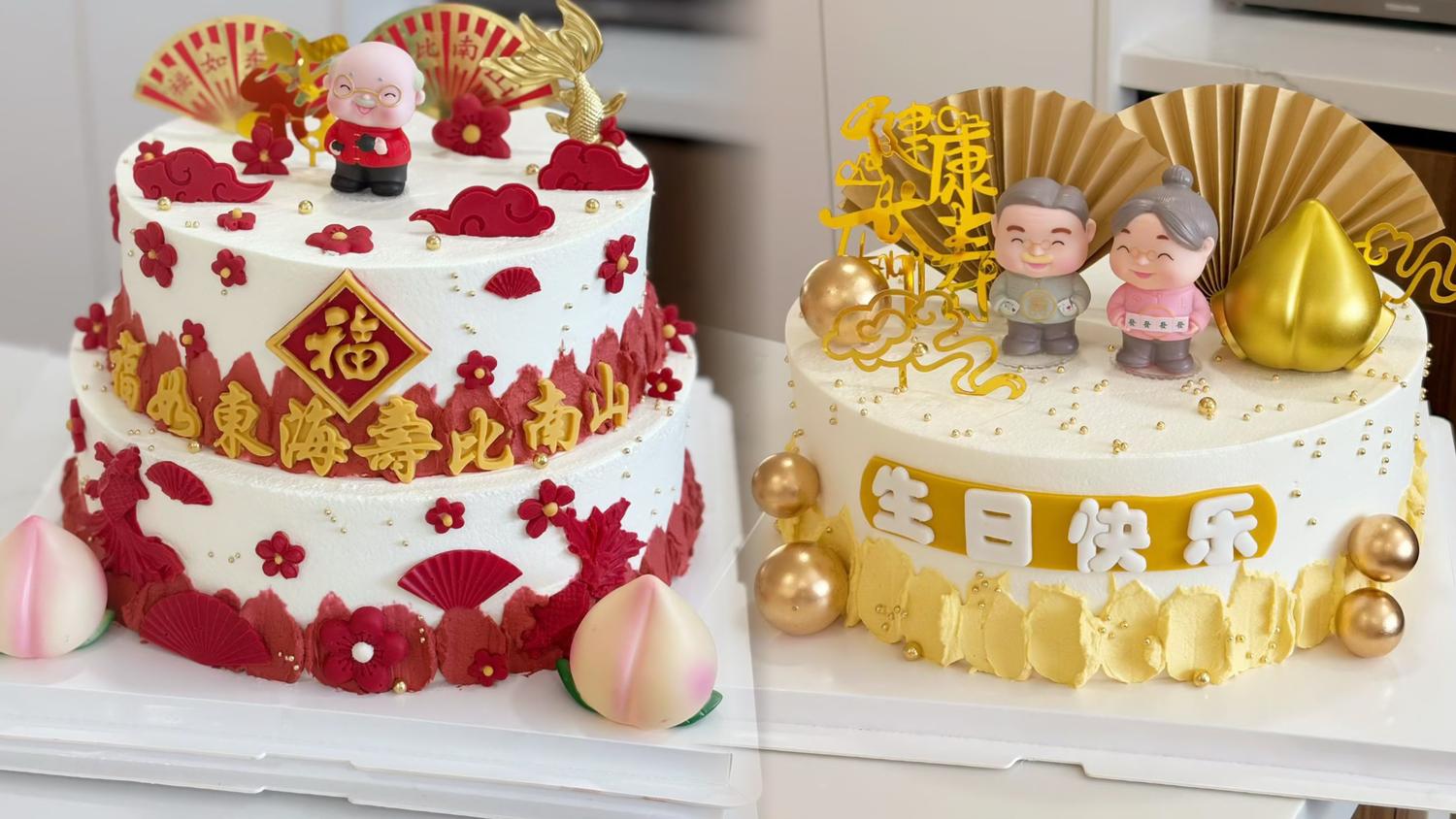 Double-tiered birthday cakes for elders with lucky decorations at D For Dessert, a Coffee & Cake Shop in Hollywood