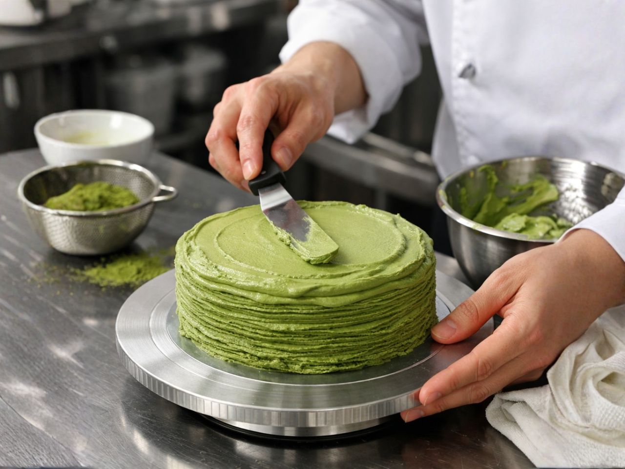 Layered matcha crepe cake with fresh matcha cream at D For Dessert, a Coffee & Cake Shop in Hollywood