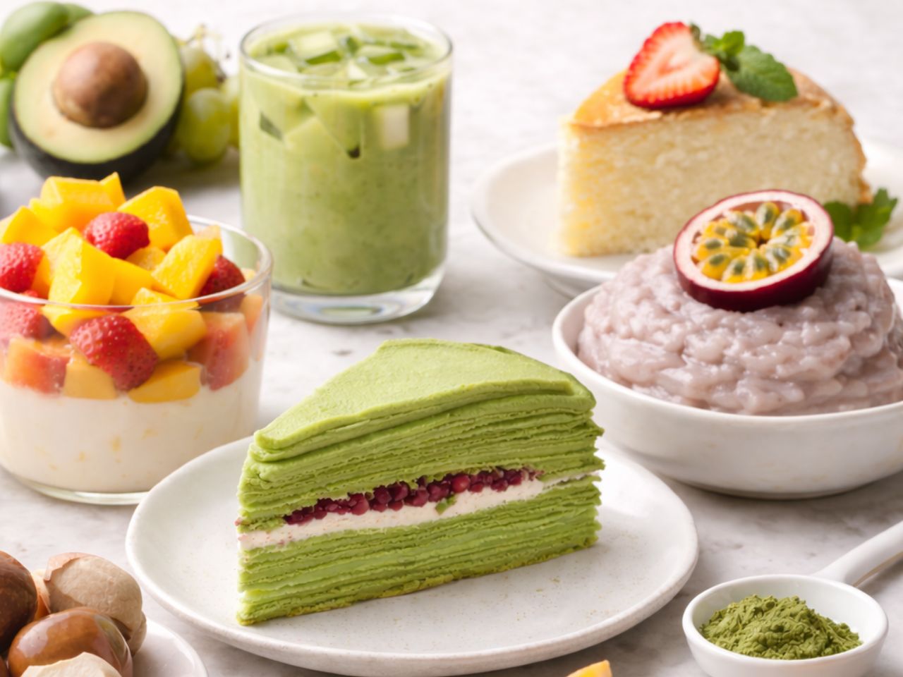 Platter with matcha crepe cake, fruit bowl and matcha smoothie at D For Dessert, a Coffee & Cake Shop in Hollywood