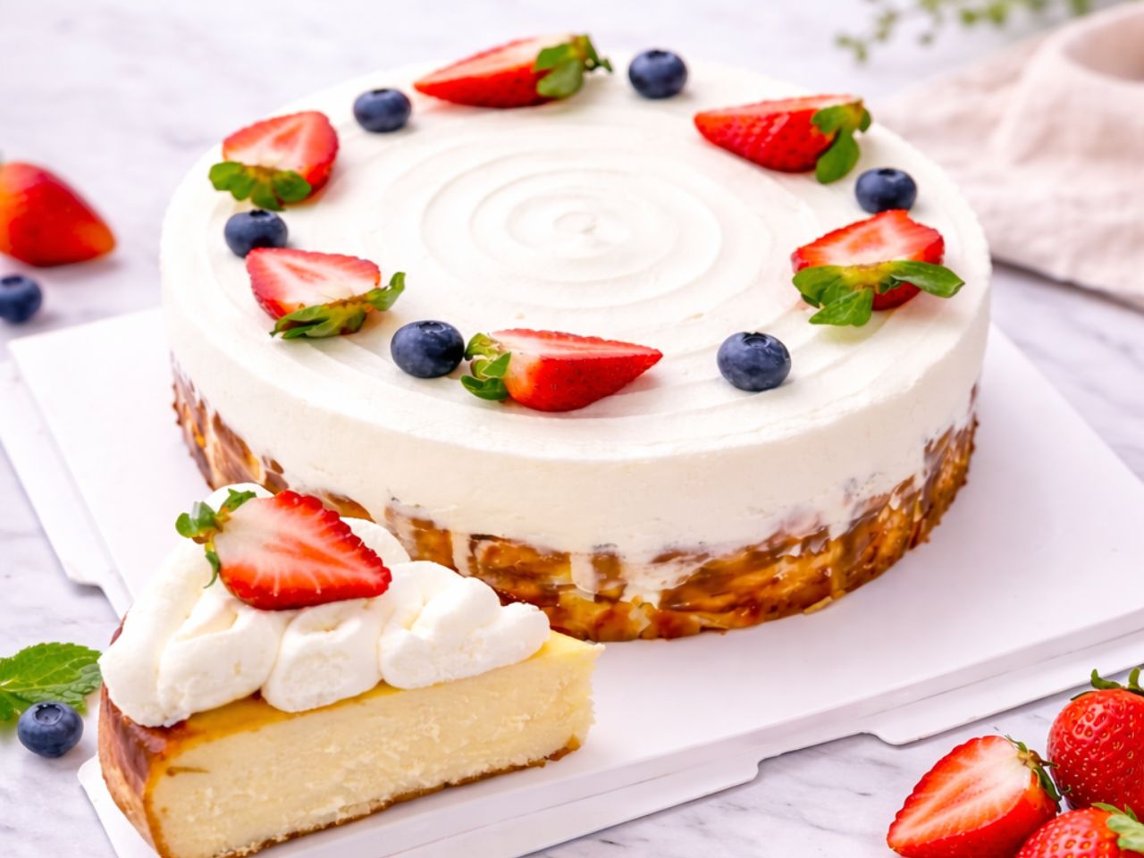 Creamy cheesecake with fresh strawberry and blueberry topping at D For Dessert, a Coffee & Cake Shop in Hollywood