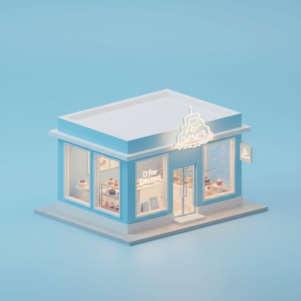 Charming blue-themed dessert shop with neon cake sign at D For Dessert, a Coffee & Cake Shop in Hollywood