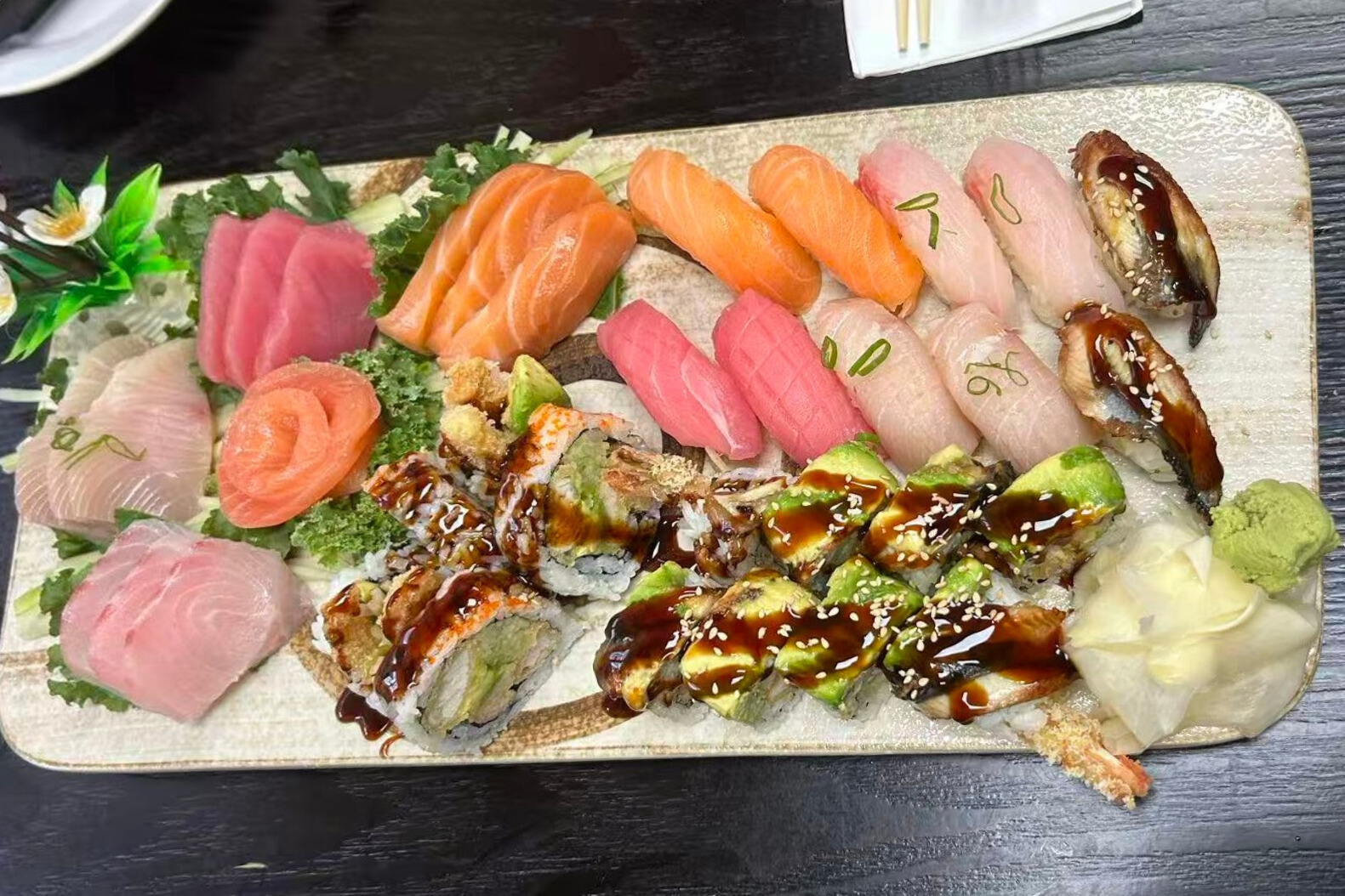 Dharma-Sushi&Grill-Japanese-Restaurant-Sushi-and-Sashimi-Platter-Schenectady A platter featuring assorted sushi and sashimi at Dharma Sushi & Grill, a Japanese Restaurant in Schenectady