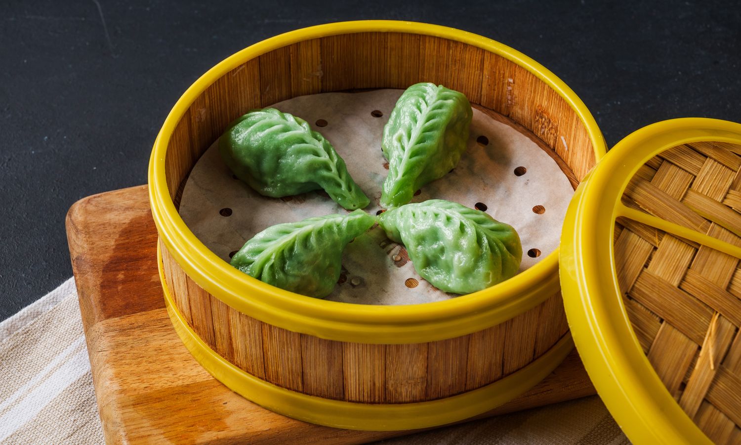 Steamed green dumplings with vegetable filling at Dim Sum Bloom Rockville Centre, a Chinese Restaurant in Rockville Centre