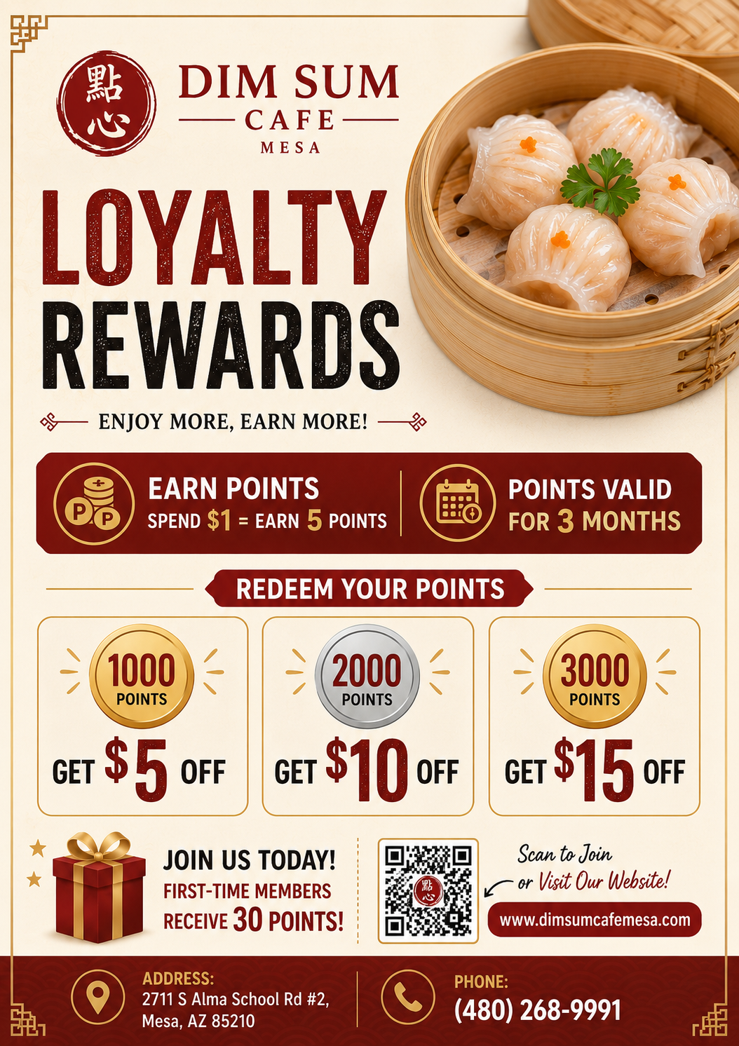 Dim Sum Cafe Mesa loyalty rewards poster with points, discounts, signup bonus, QR code, and shrimp dumplings.