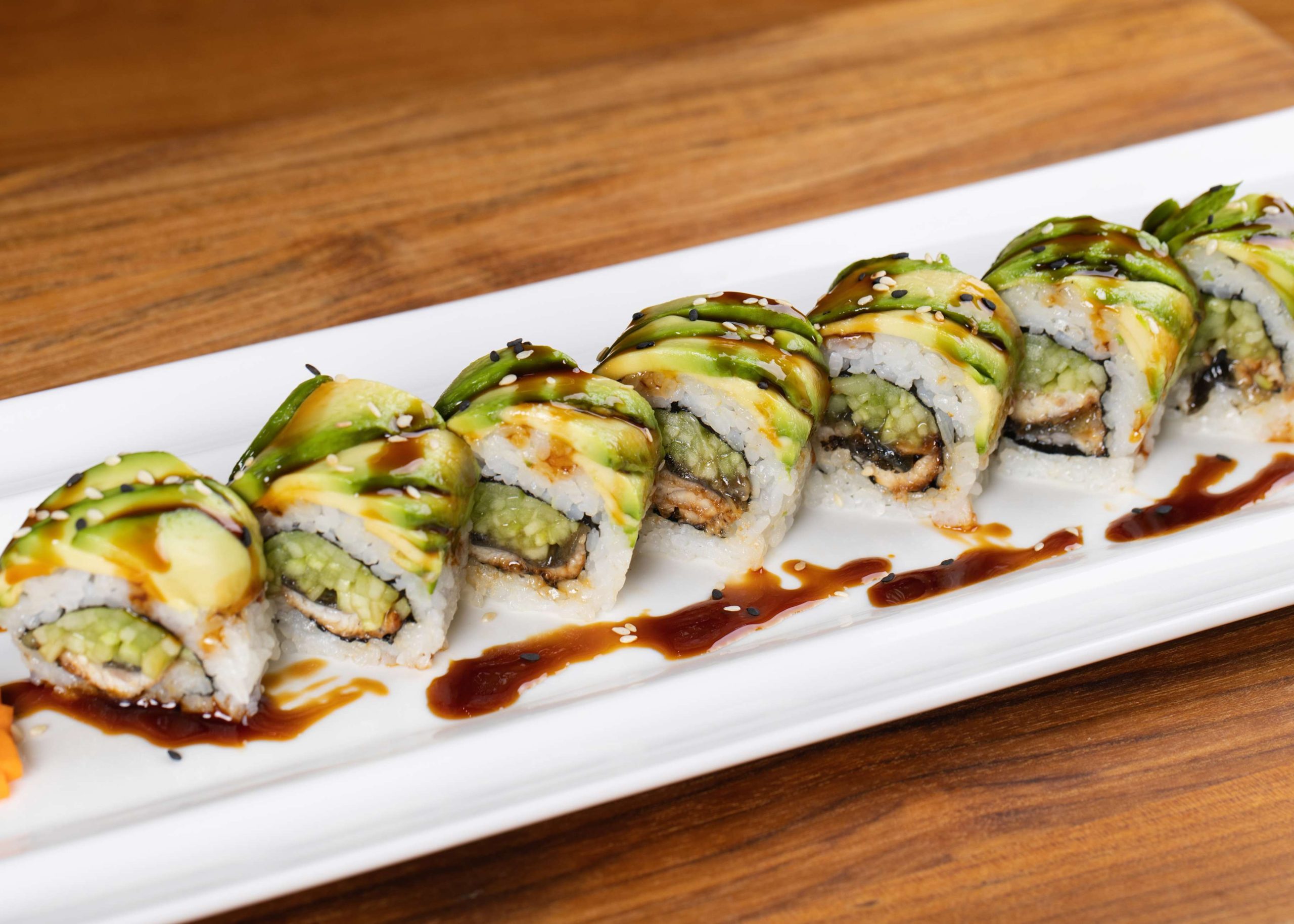 Avocado-topped roll with eel at Dozo Sushi & Bar, a Japanese Restaurant in Monrovia