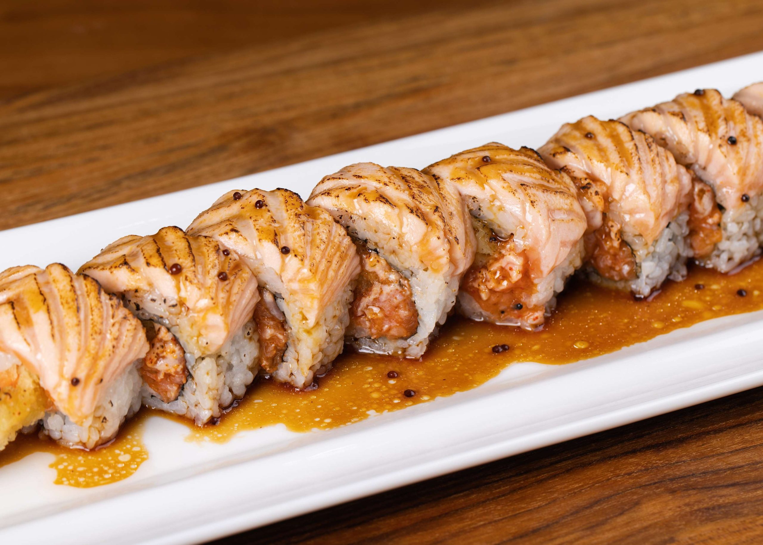 Grilled salmon roll with cream cheese at Dozo Sushi & Bar, a Japanese Restaurant in Monrovia