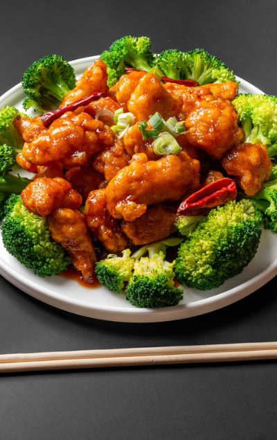 General Tso’s chicken with broccoli at Dragon 109 of Columbus, a Chinese Restaurant in New York