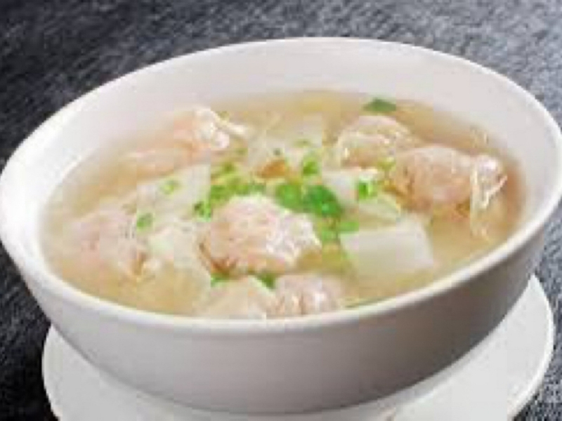 Clear soup with BBQ pork wontons and veggies at Dragon 88, a Chinese Restaurant in Conception Bay South