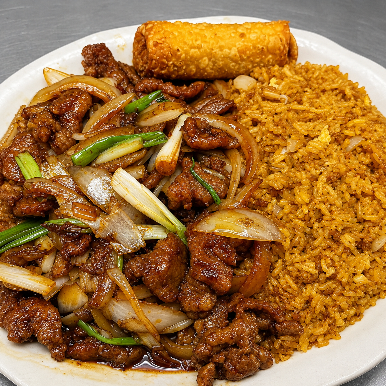 Beef with onions fried rice and egg roll at Dragon Express, a Chinese Restaurant in Augusta