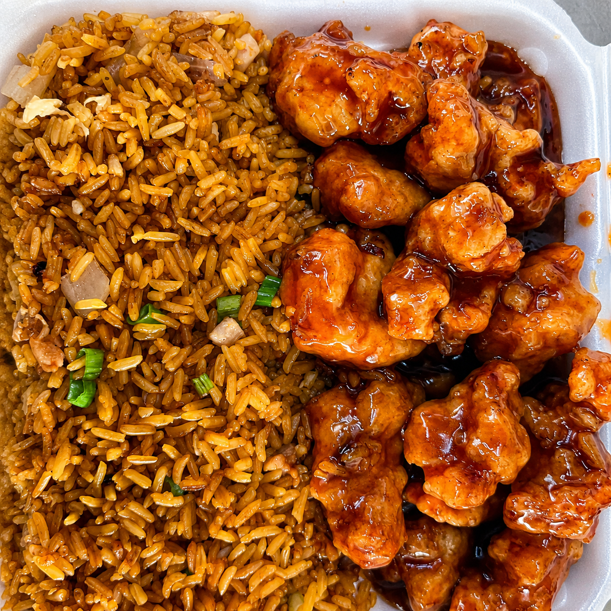 Orange chicken with fried rice at Dragon Express, a Chinese Restaurant in Augusta