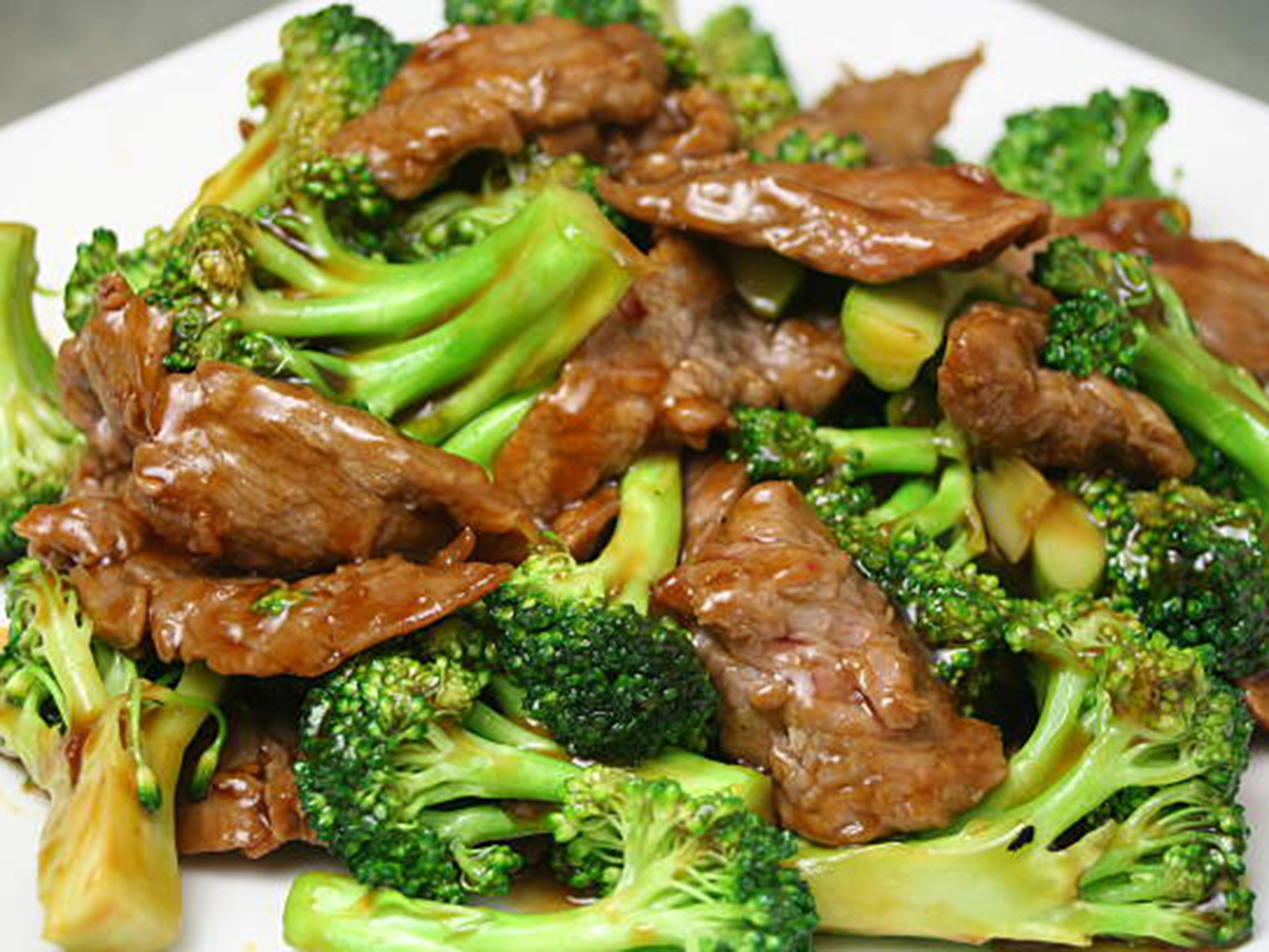 Stir-fried beef slices with fresh broccoli coated in brown sauce at Dragon Inn, a Chinese Restaurant in Fredericksburg