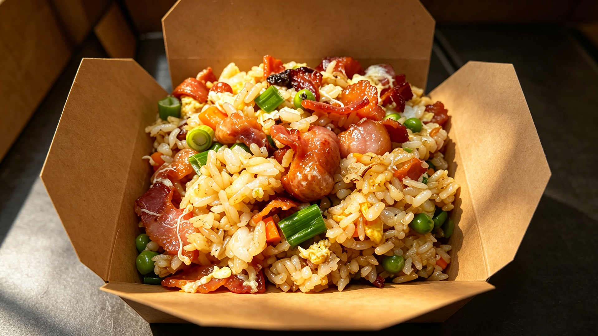 Stir-fried white rice with crispy bacon, eggs, peas, and carrots, garnished with green onions at Dragon Palace, a Chinese Restaurant in Vacaville Stir-fried white rice with crispy bacon, eggs, peas, and carrots, garnished with green onions at Dragon Palace, a Chinese Restaurant in Vacaville