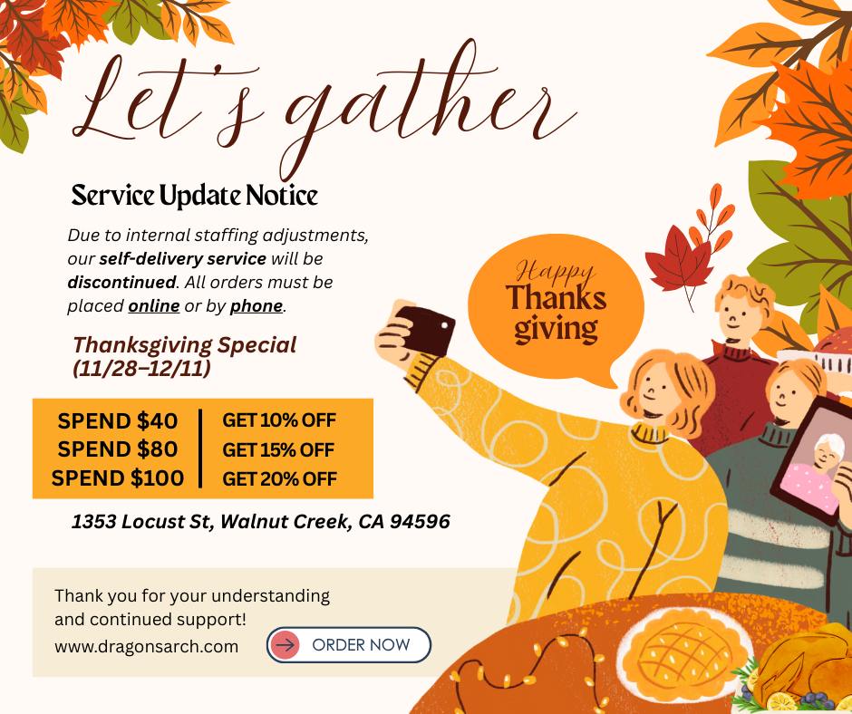 Dragon’s Arch Thanksgiving promo 11/28–12/11: 10% off $40, 15% off $80, 20% off $100; self-delivery ended.