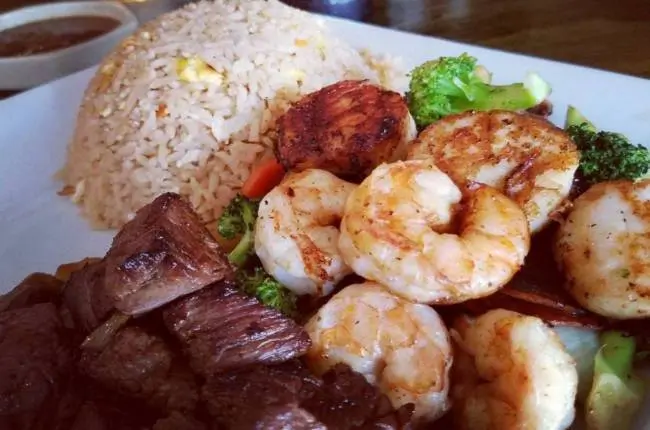 Grilled scallops, shrimp and steak with fried rice at Dragon Sushi, a Japanese Restaurant in New York