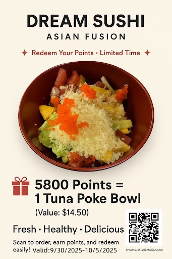 Dream Sushi promo: Redeem 5800 points for 1 Tuna Poke Bowl, valid 9/30–10/5/2025