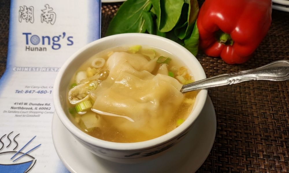 Wonton soup with fresh wontons in clear broth at Tong's Hunan Restaurant, a Chinese Restaurant in Northbrook