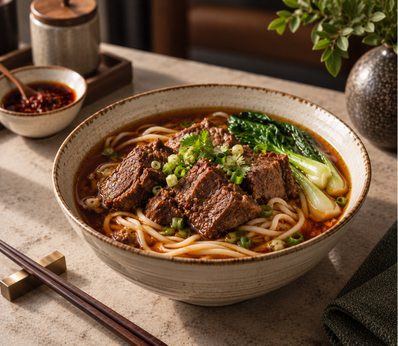 Braised beef noodle soup with bok choy and scallions in a ceramic bowl, chili oil on side