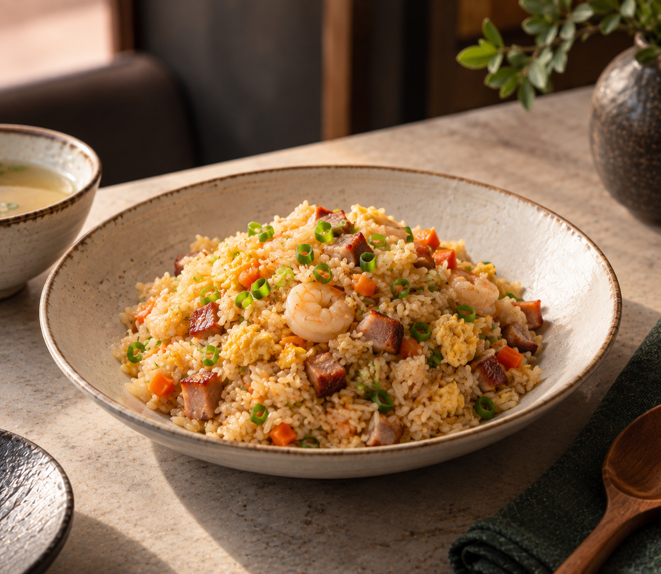 Fried rice with shrimp, char siu, egg, and scallions in a bowl, soup and spoon beside