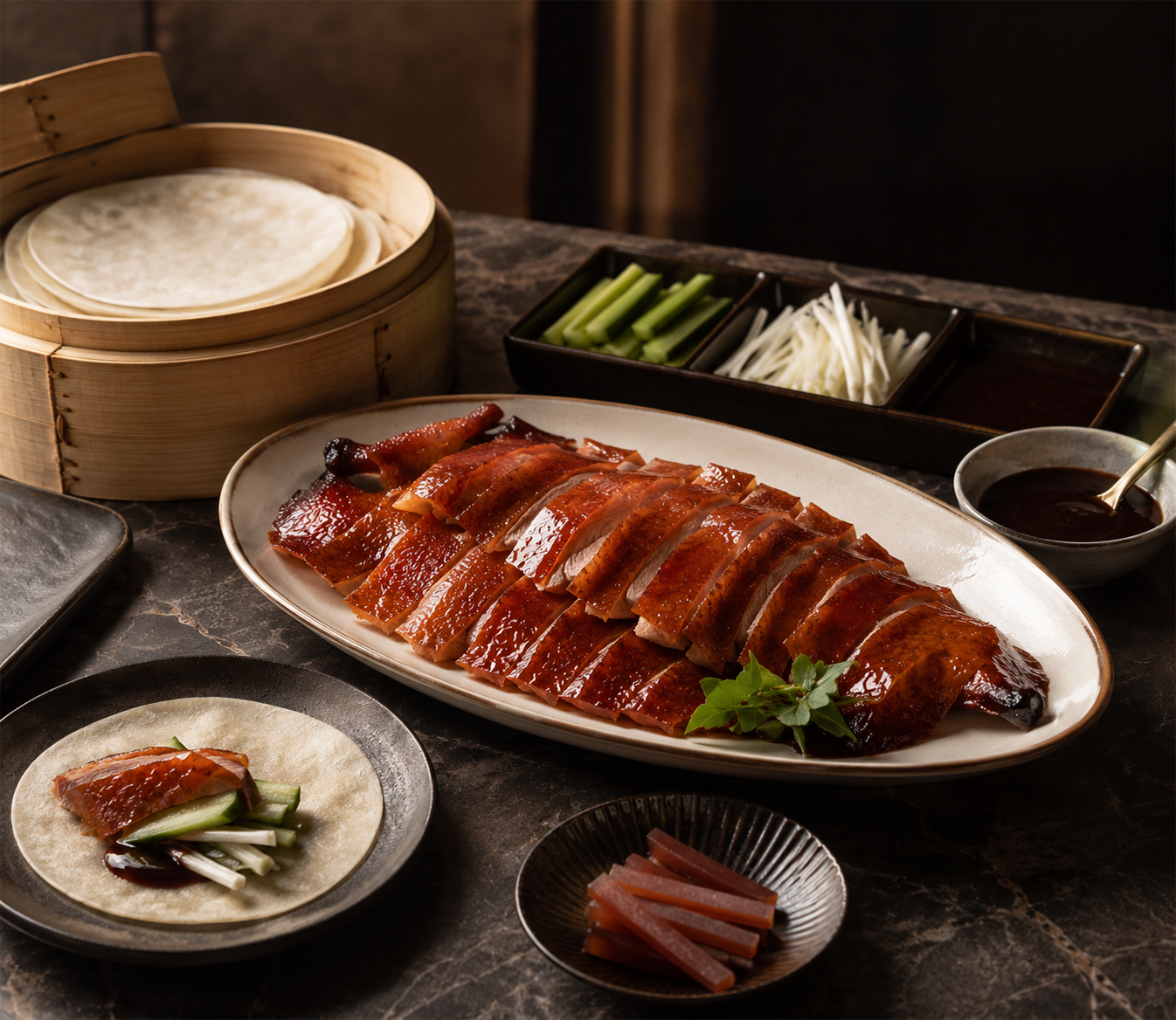 Sliced Peking duck served with pancakes, scallions, cucumber, and sweet bean sauce