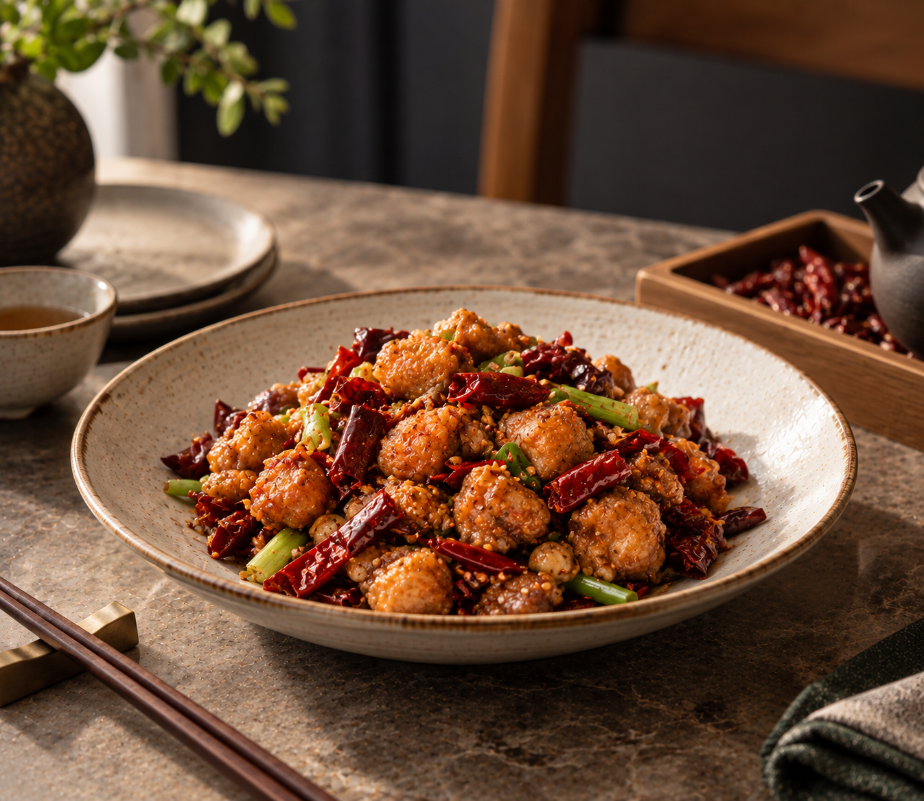 Spicy Sichuan chicken with dried chilies in a white bowl, tea cup and chopsticks nearby