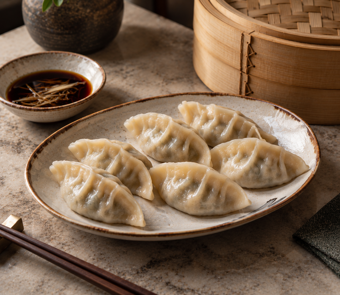 Steamed dumplings on a ceramic plate with soy ginger dipping sauce and a bamboo steamer