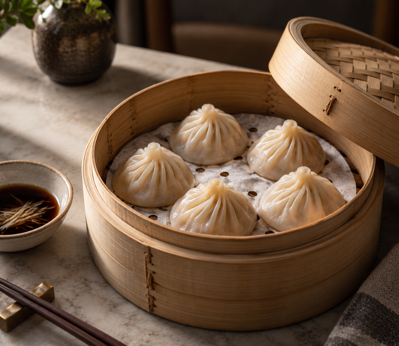 Steamed soup dumplings in a bamboo steamer with ginger vinegar dip and chopsticks