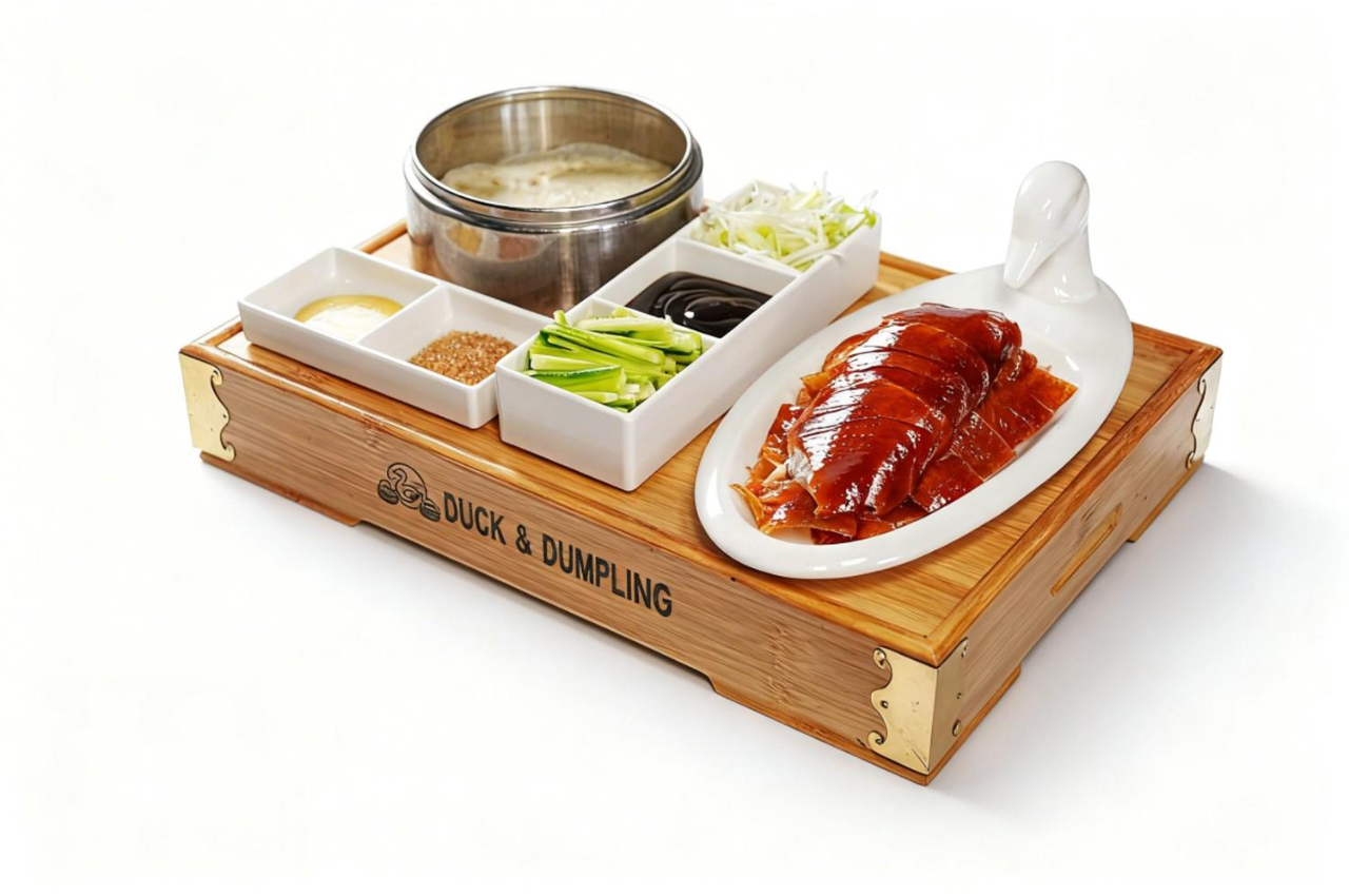 Roast duck set with pancakes, sauces and veggies at Duck & Dumpling, a Chinese Restaurant in San Antonio