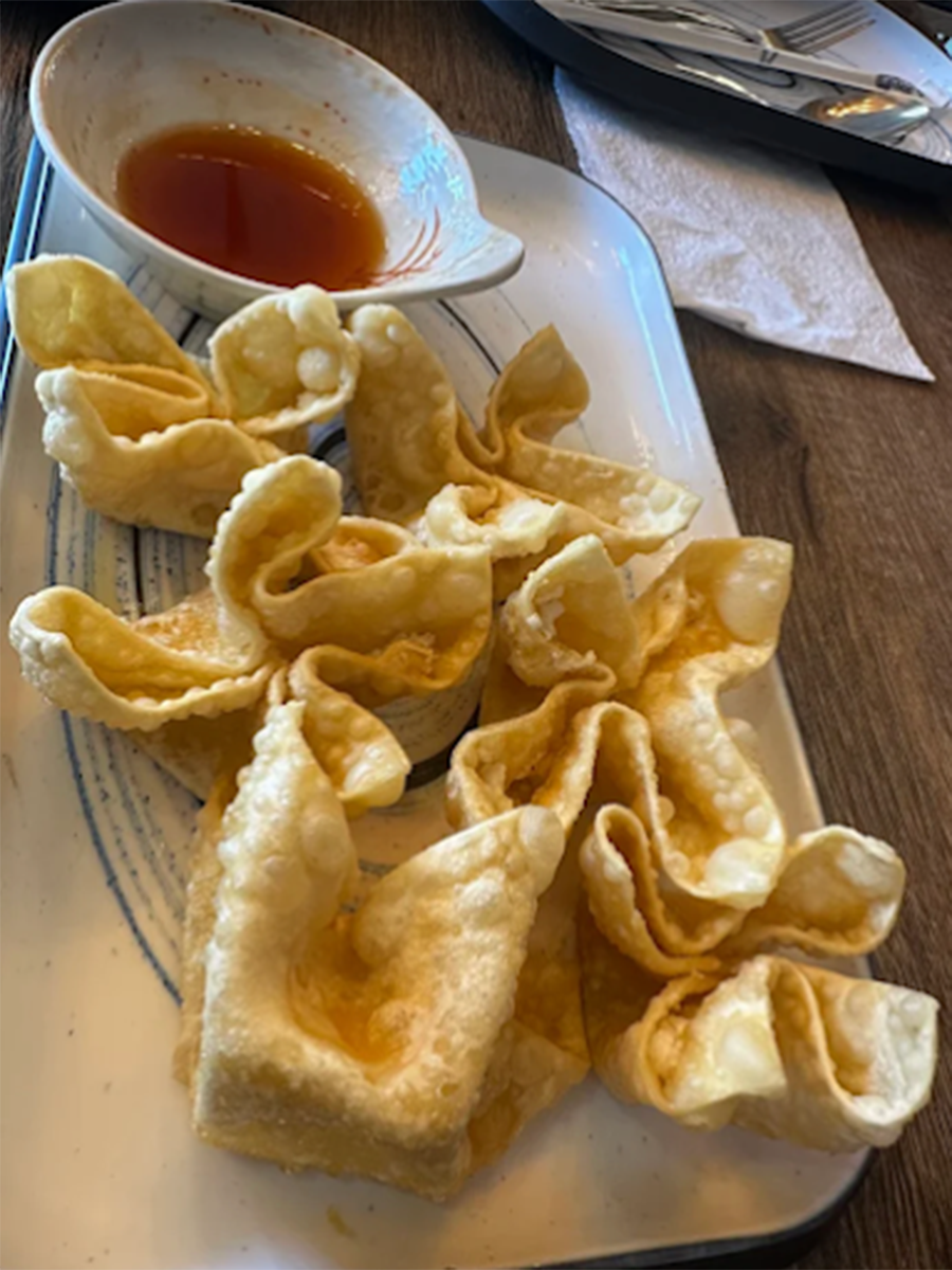 Fried wonton on the plate, with a unique shape and golden color at Southside Dumpling Haus, a Chinese Restaurant in Corpus Christi