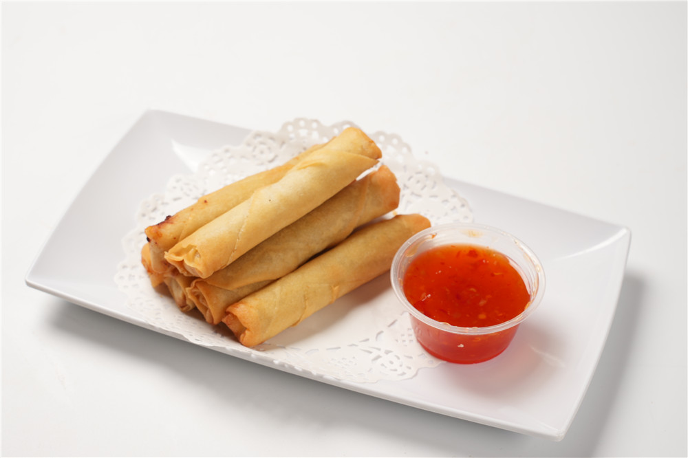 Spring rolls with red dipping sauce at Dumpling Delight, a Chinese Restaurant in Millbrae