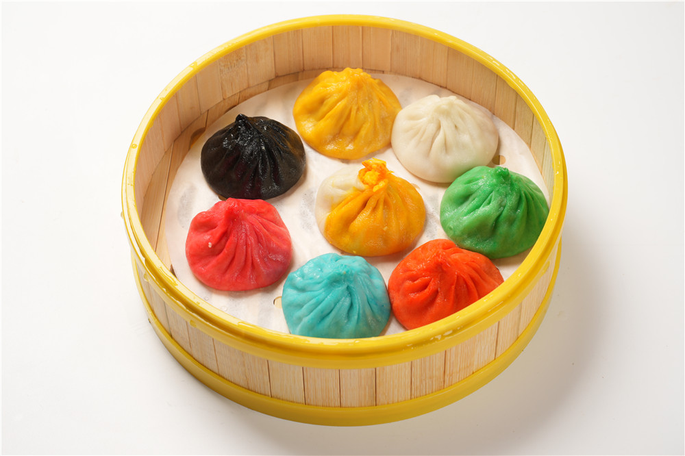 Multi - colored xiaolongbao at Dumpling Delight, a Chinese Restaurant in Millbrae