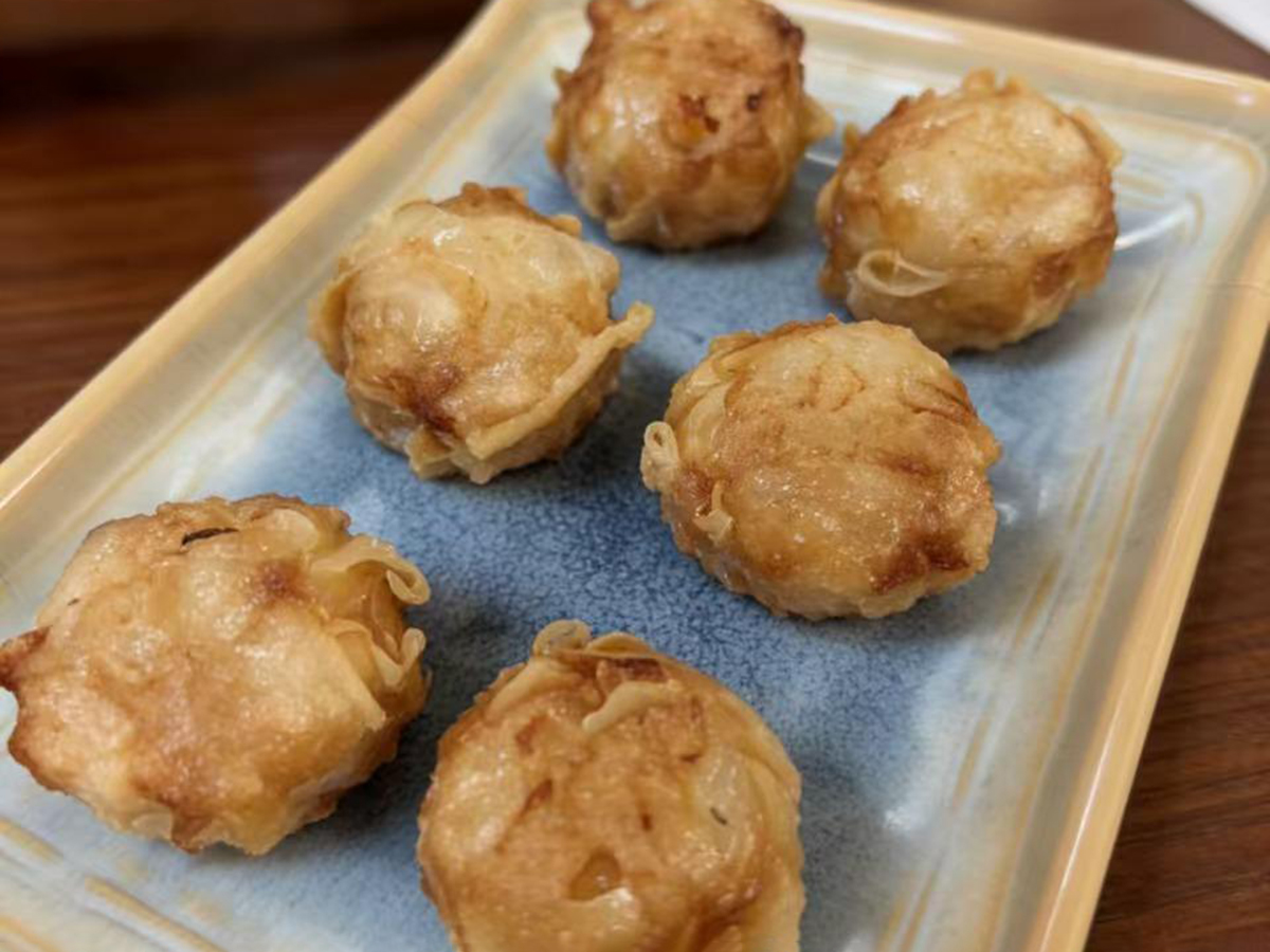 fried shumai on a rectangular plate at Dumpling House, an Asian Restaurant in Harrisonburg