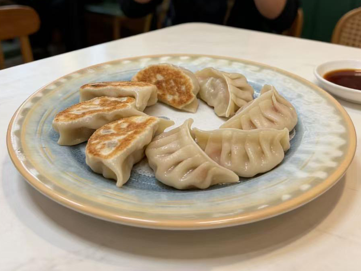Pan-fried dumplings with a side of soy sauce at Dumpling House, an Asian Restaurant in Harrisonburg