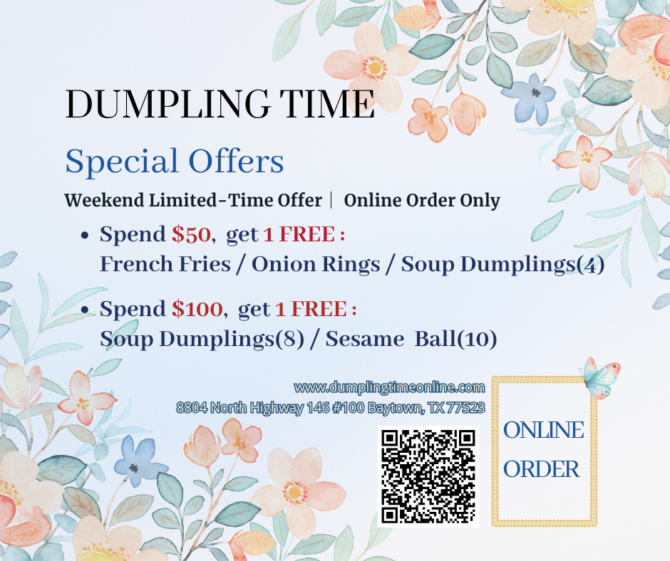 Weekend dumpling offer: spend $50 or $100 get free sides; online order only, includes dumplings, fries, onion rings