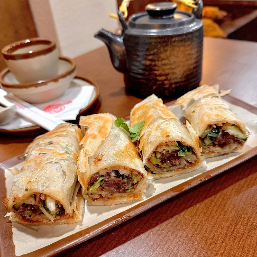 Beef and veggie wrapped in crepe at Dumpling U, a Chinese Restaurant in Fresno