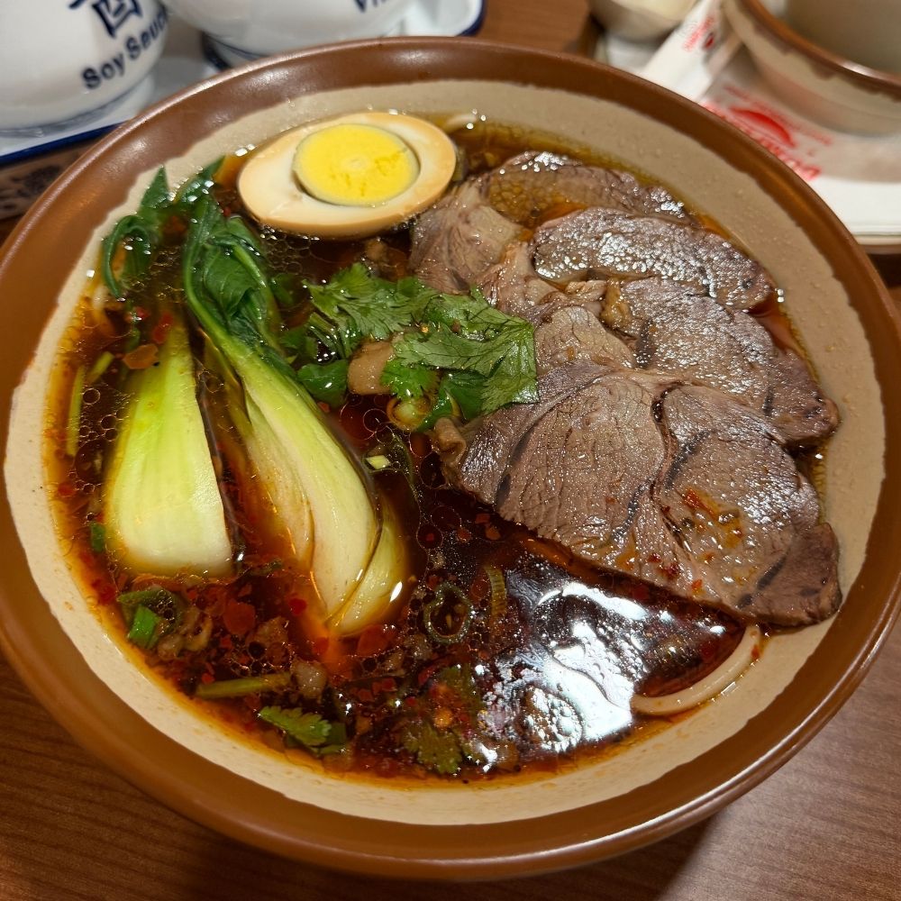 Noodle soup with braised beef and egg at Dumpling U, a Chinese Restaurant in Fresno
