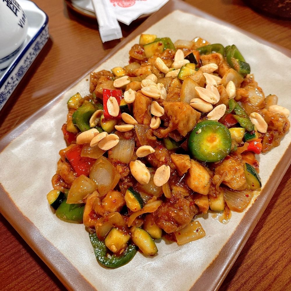 Spicy chicken with peanuts and veggies at Dumpling U, a Chinese Restaurant in Fresno