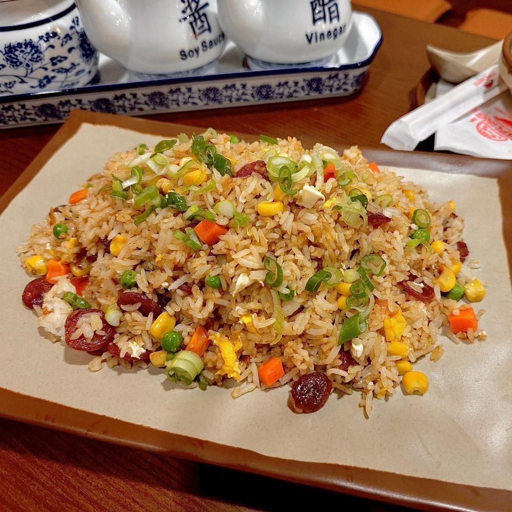 Fried rice mixed with sausage and veggies at Dumpling U, a Chinese Restaurant in Fresno