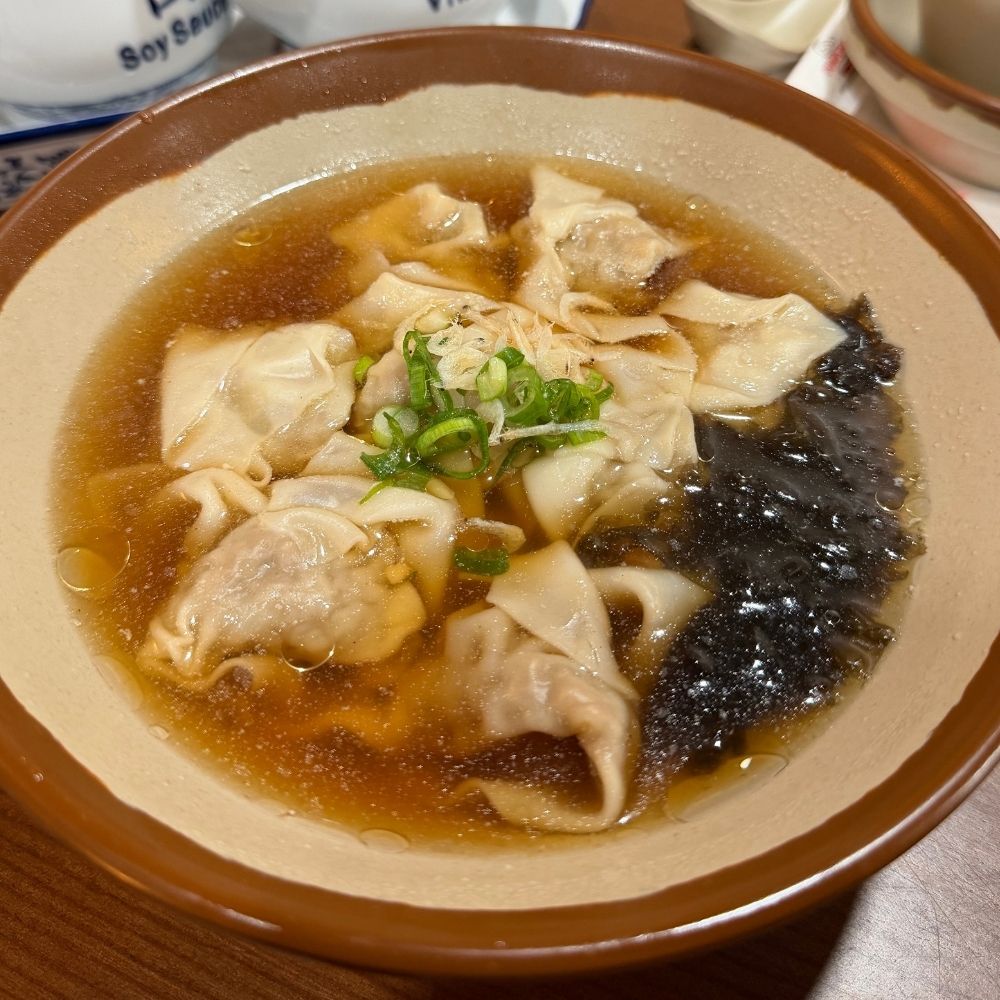 Wonton soup with seaweed and scallions at Dumpling U, a Chinese Restaurant in Fresno