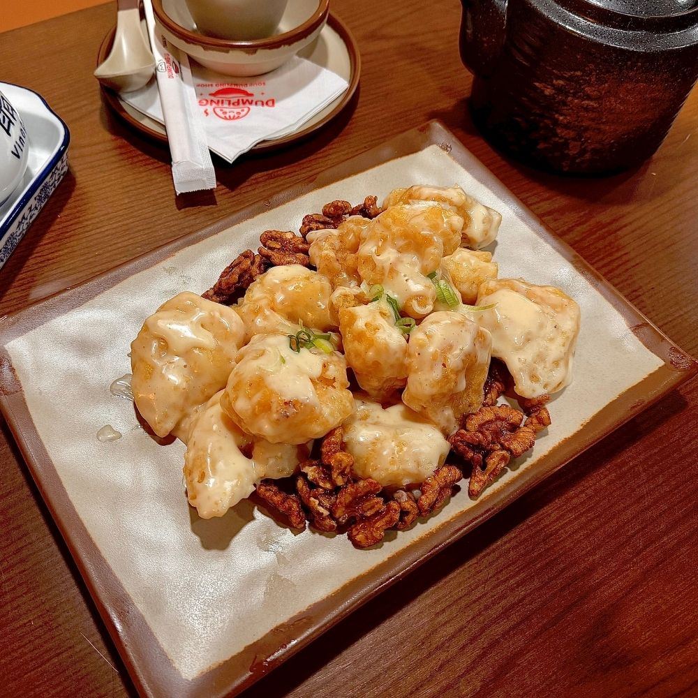 Creamy shrimp with walnuts at Dumpling U, a Chinese Restaurant in Fresno