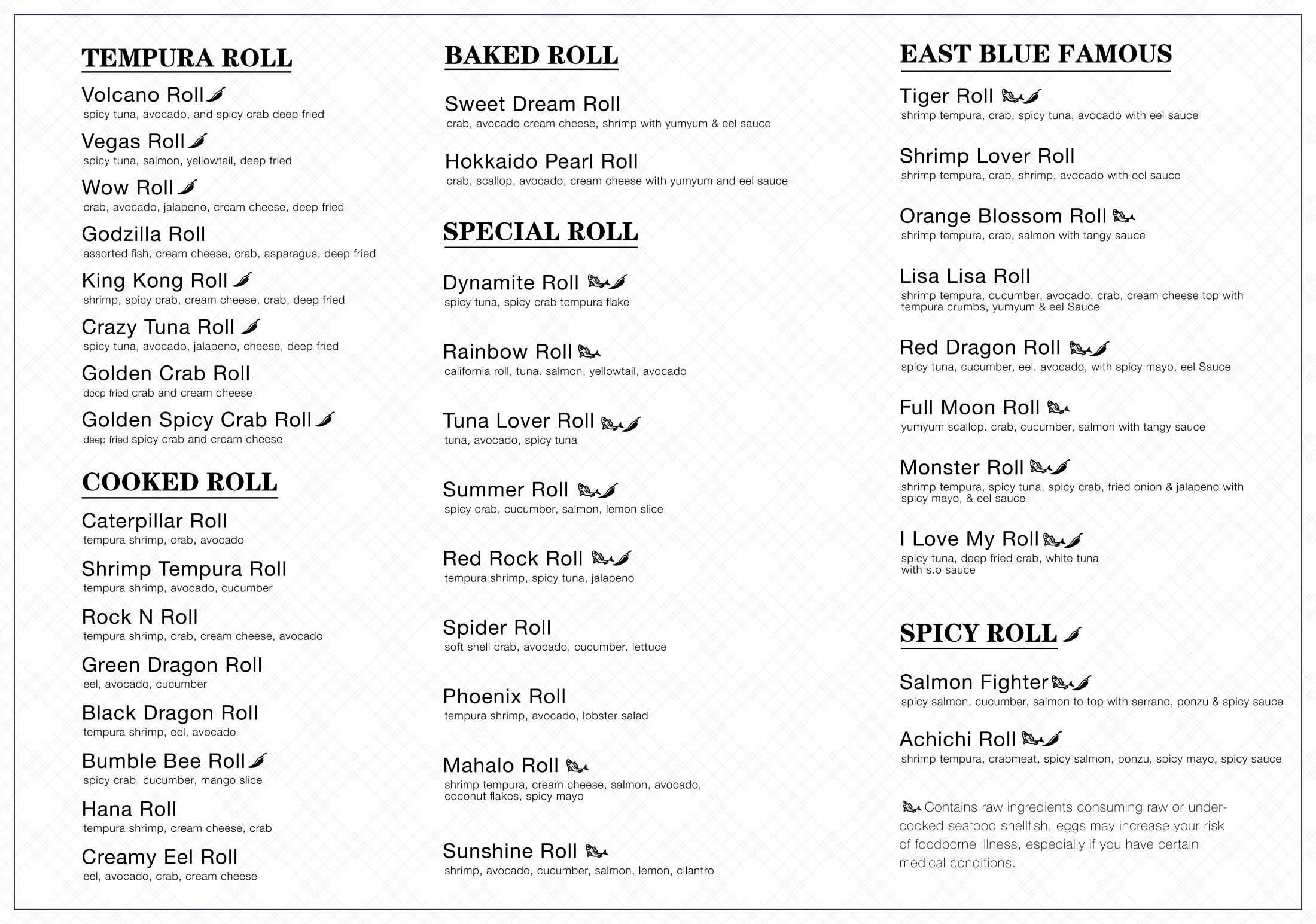 Menu of East Blue Sushi, showing various sushi roll categories like Tempura Roll, Baked Roll, etc., with details