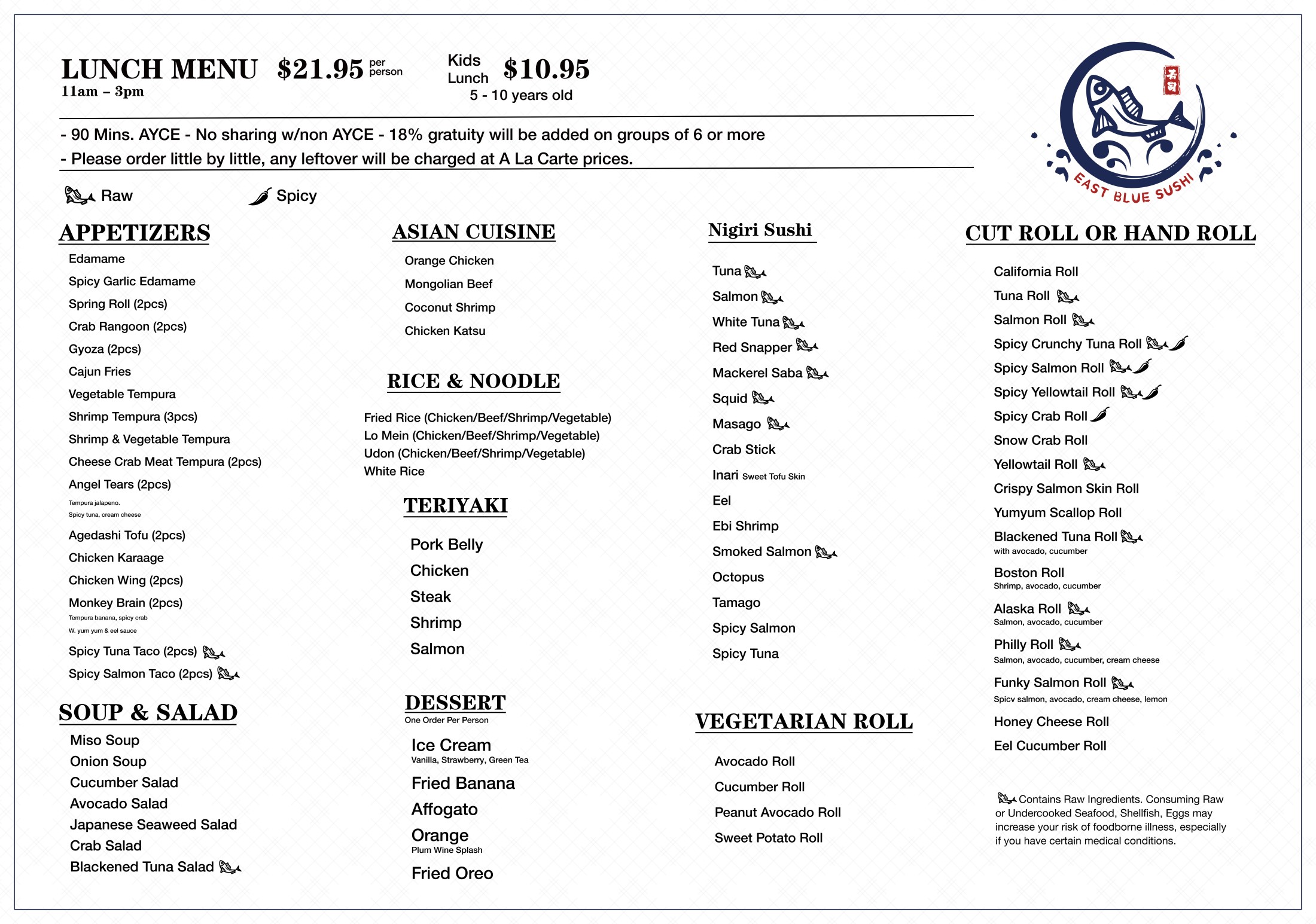 East Blue Sushi lunch menu, including appetizers, Asian cuisine, nigiri sushi, and other dishes with prices
