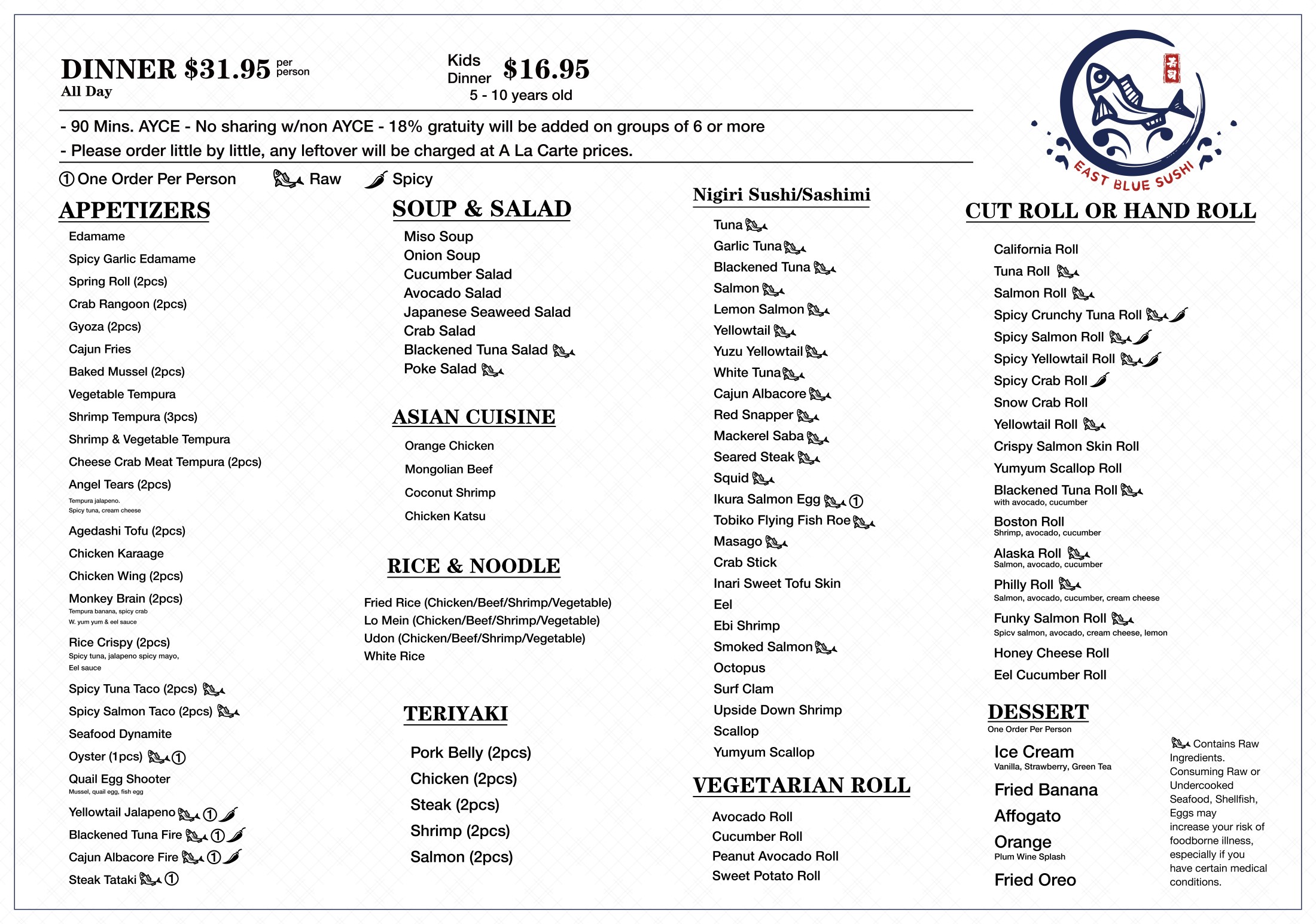 East Blue Sushi dinner menu with pricing, appetizers, soup & salad, Asian cuisine, nigiri sushi/sashimi, cut roll or hand roll, teriyaki, vegetarian roll, and dessert options
