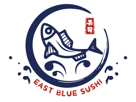 A logo of "East Blue Sushi" featuring a stylized fish within a circular design, with the Chinese characters "寿司" (sushi) in a red seal - like element and the text "EAST BLUE SUSHI" below