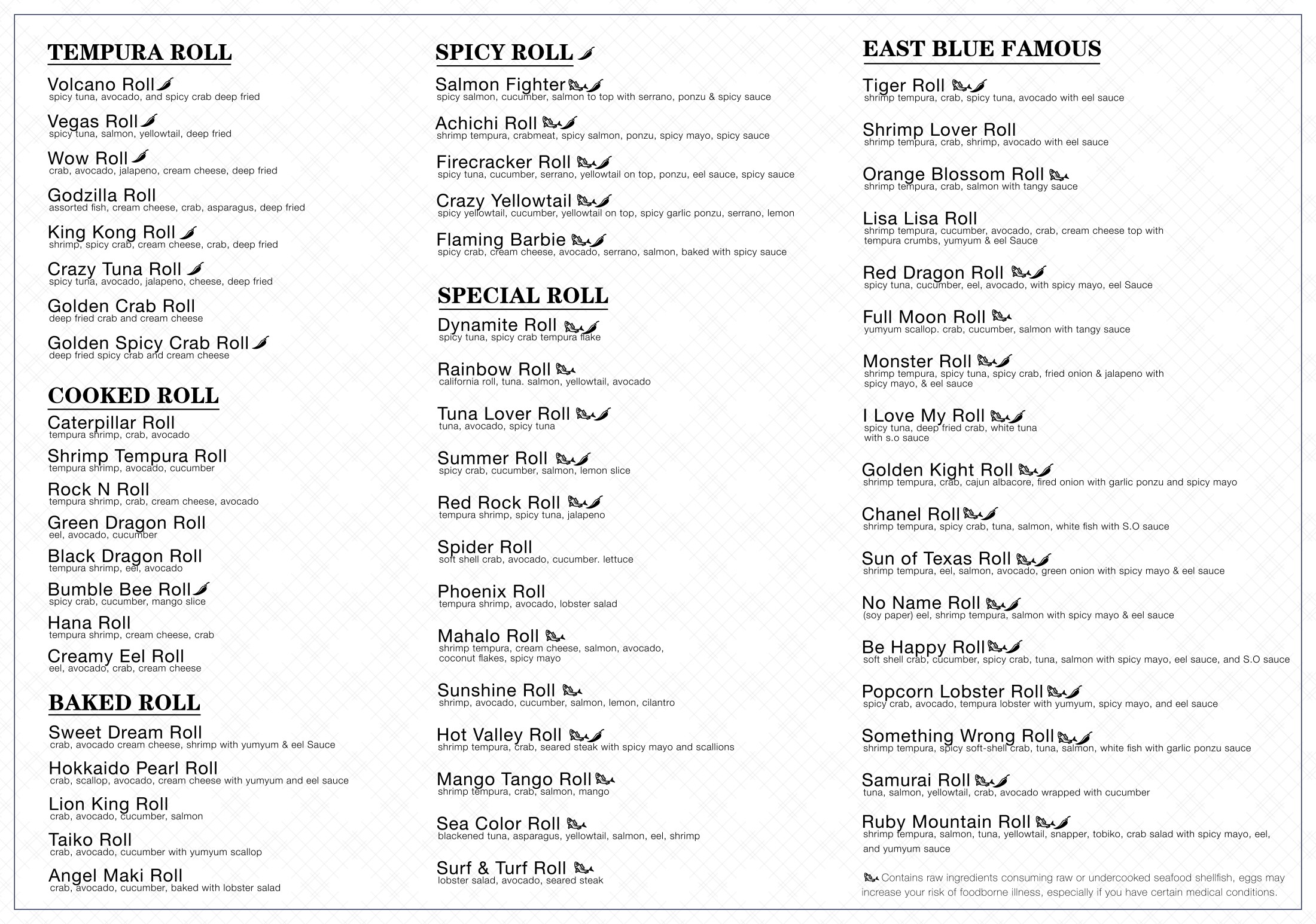 East Blue Sushi menu featuring tempura rolls, spicy rolls, special rolls, baked rolls, and East Blue Famous rolls with various sushi roll descriptions