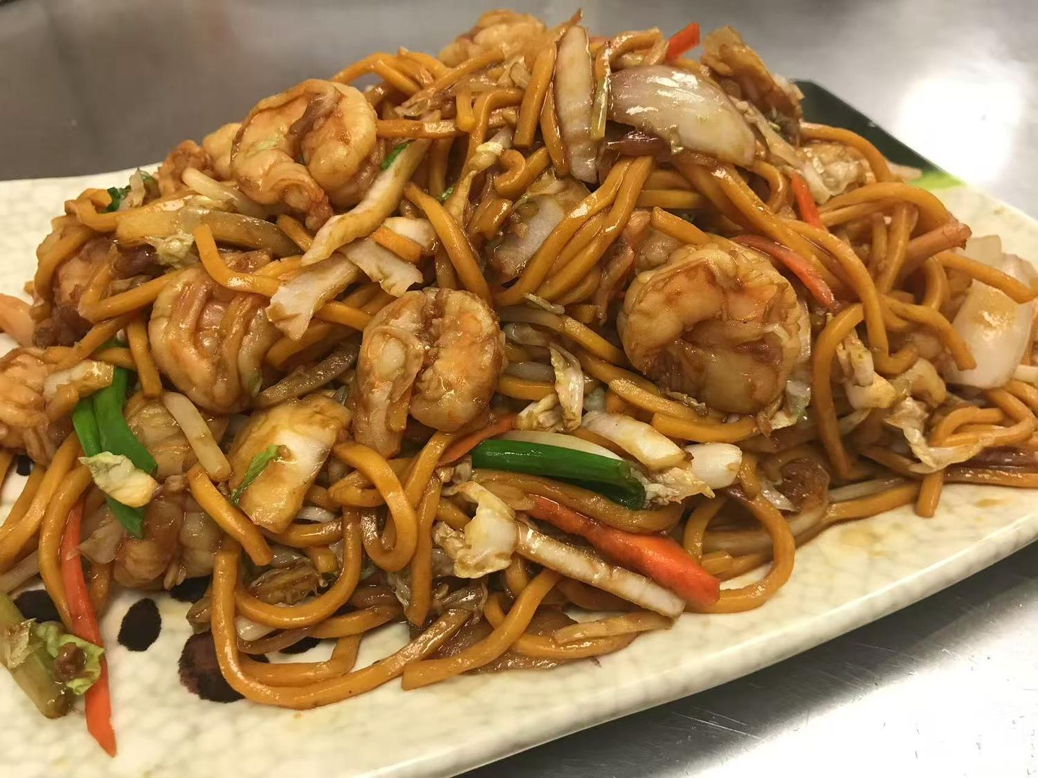 Shrimp lo mein stir-fried noodles with vegetables and cabbage at East China, a Chinese restaurant in Waterloo